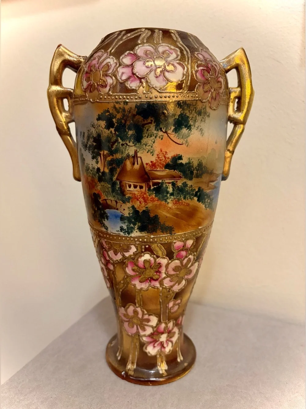 Japanese Nippon-Style Urn, Exquisite Moriage Florals & Landscape Antique 10 inch